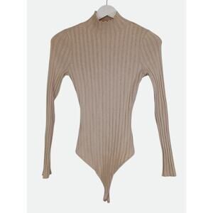 Quince Bodysuit Women's Small Heather Oatmeal Cotton Cashmere Ribbed Turtleneck